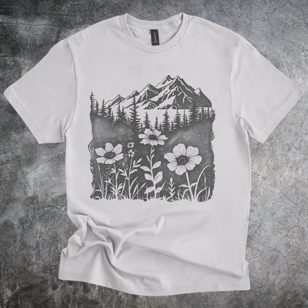 Mountain Wildflower Graphic Tee Nature Art in Ice Gray